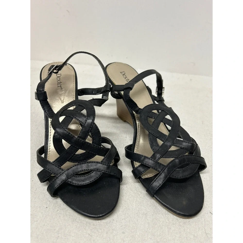 Vintage Dexter Women Black Wedge Heeled Sandals 7M Braided Straps Ankle Strap